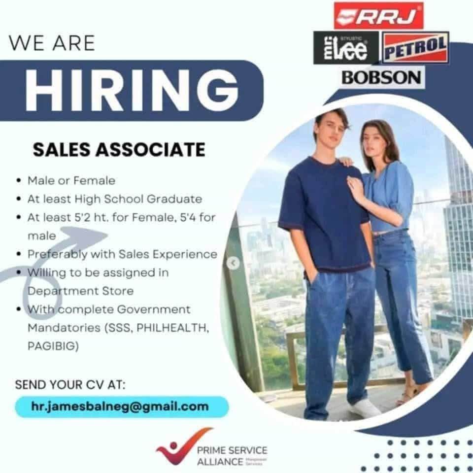 two young adults in casual blue outfits stand indoors; text advertises a job opening for sales associate.