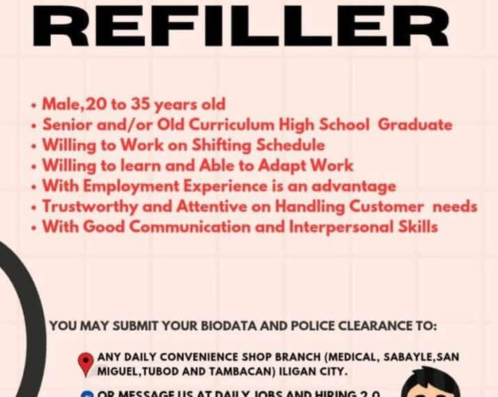 hiring flyer for store refillers at convenience shop iligan—see qualifications and apply now!.