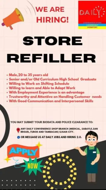 hiring flyer for store refillers at convenience shop iligan—see qualifications and apply now!.