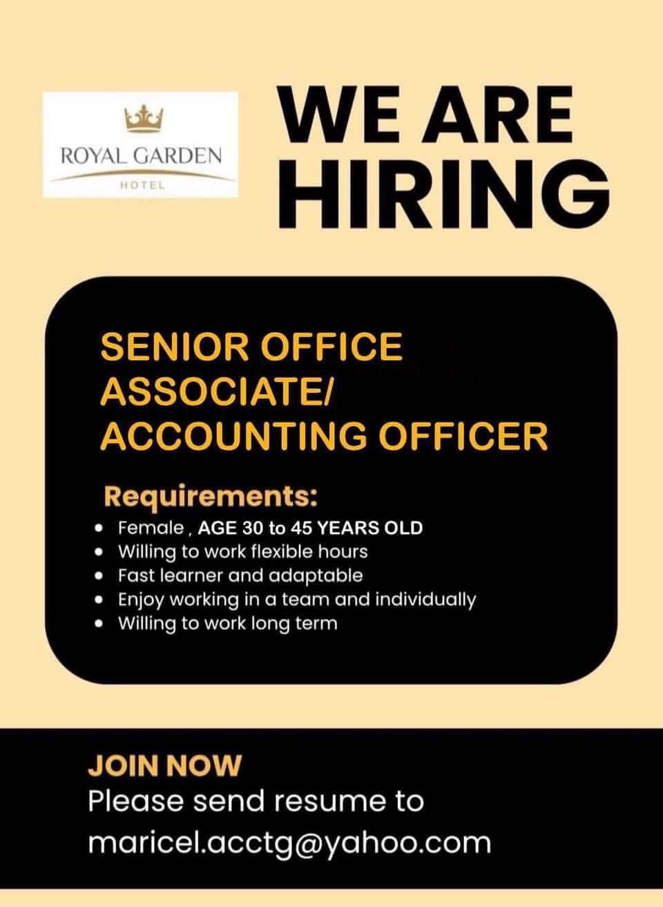 job hiring ad for a senior office associate/accounting officer at royal garden hotel, with contact email listed.