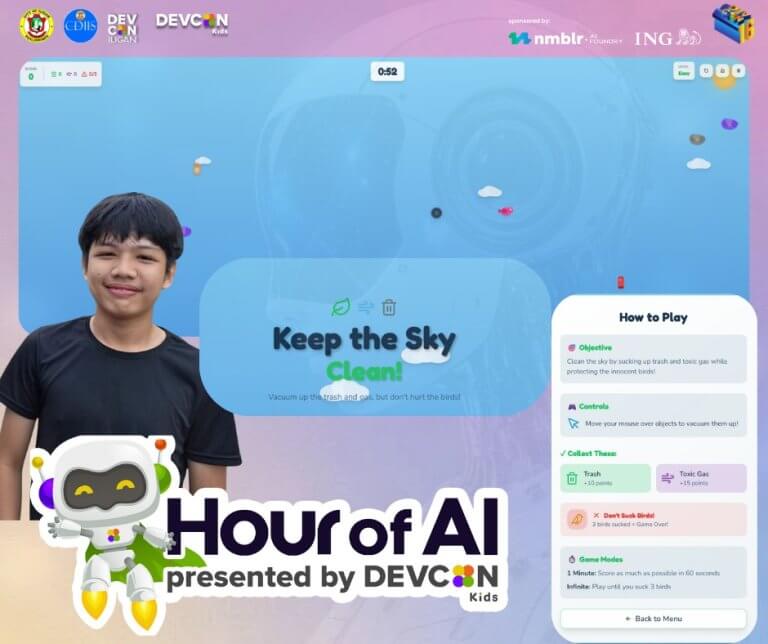 a smiling boy stands beside a game screen with keep the sky clean! and vibe coding hour of ai event graphics.