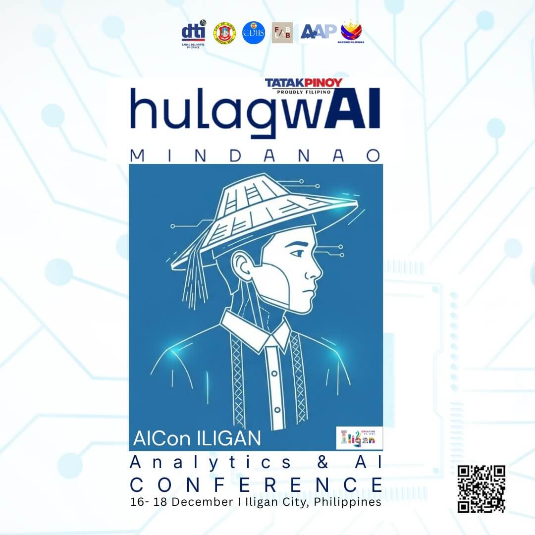 poster for aicon iligan features a stylized filipino man in a hat, event details, and logos on a tech inspired background.