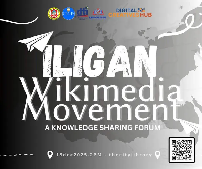 event poster for “iligan wikimedia movement” forum at the city library on dec 18, 2025, 2 pm, with logos above.