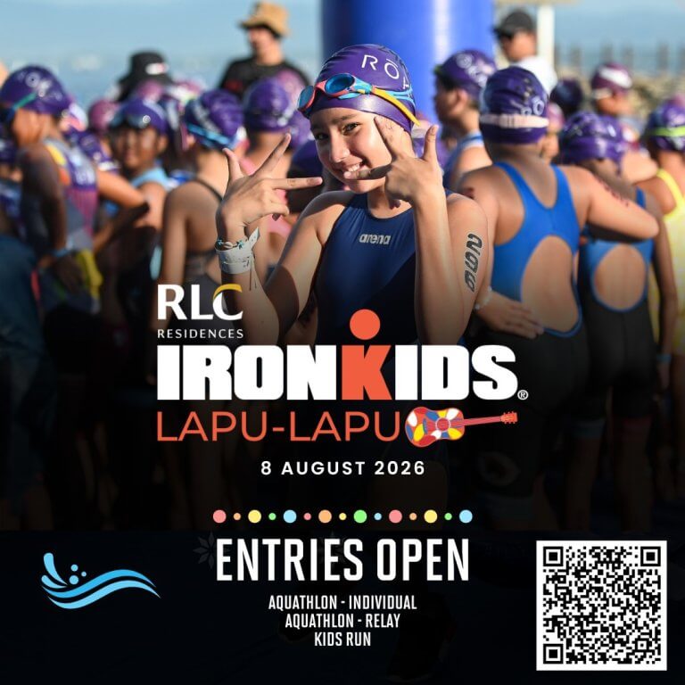 a smiling girl in a blue swim cap poses at a crowded triathlon event; “ironkids” details overlay the image.