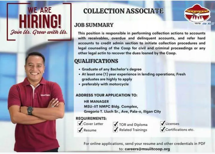 cooperative man in maroon polo stands left; hiring ad for “collection associate” with job details fills right side.