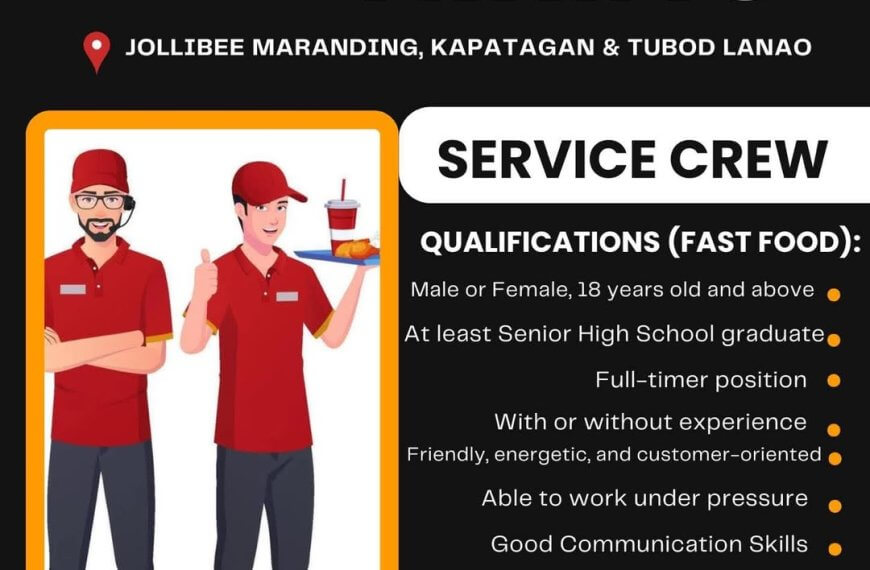 hiring poster for fast food service crew; two staff in red uniforms; job details and contact info shown.