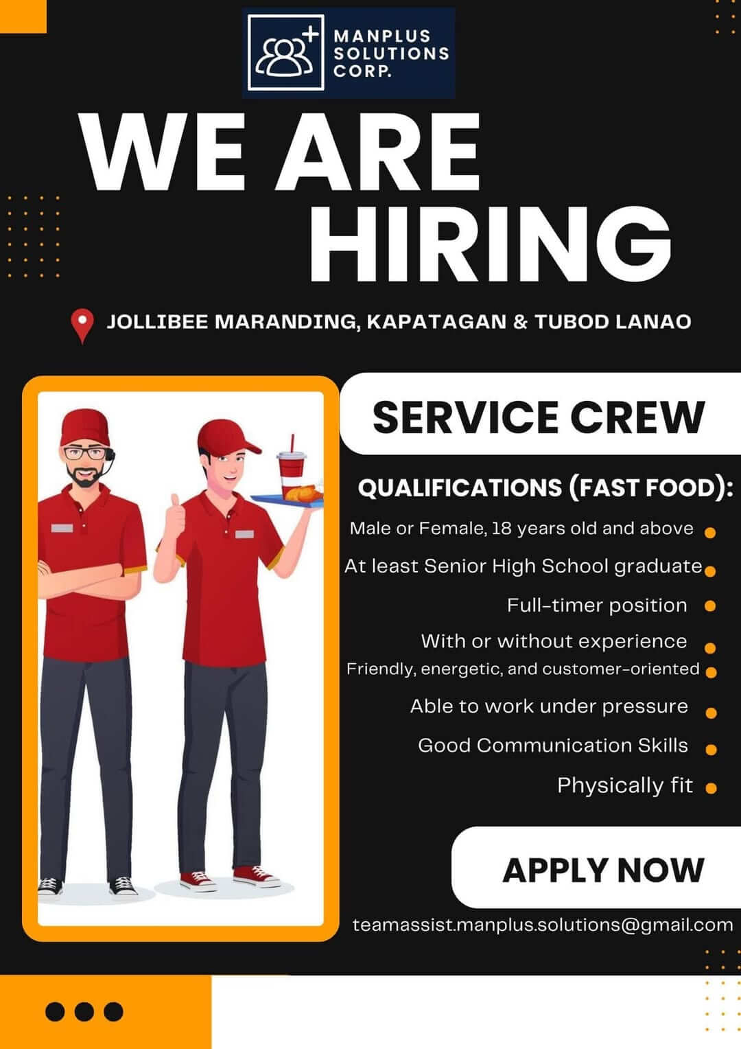 hiring poster for fast food service crew; two staff in red uniforms; job details and contact info shown.