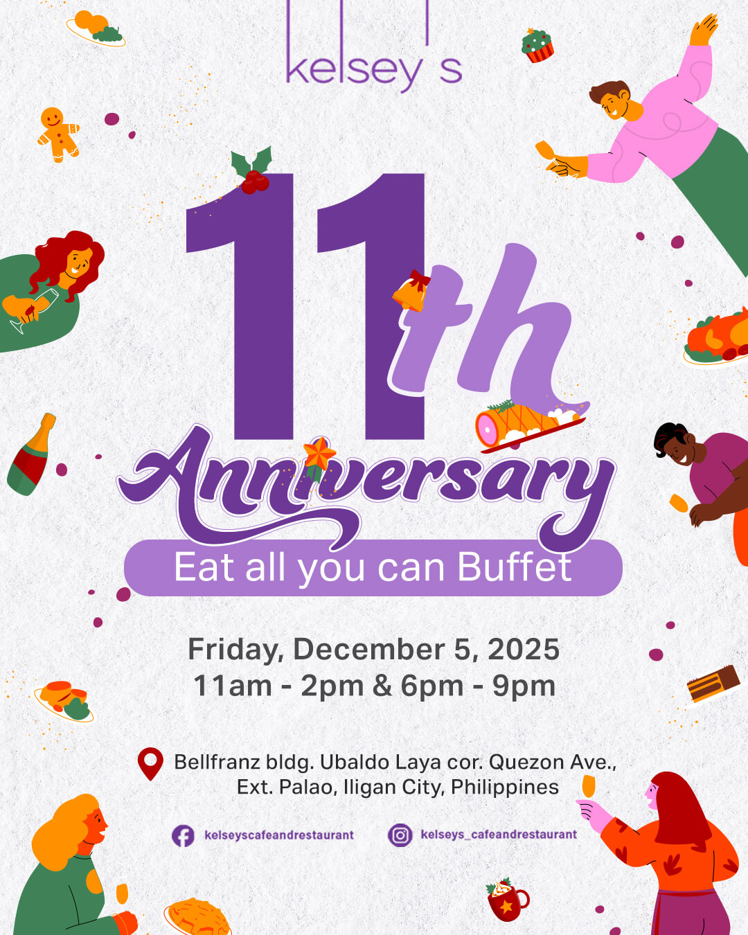 colorful poster for kelseys 11th anniversary buffet on dec 5, 2025, with people and food illustrations.