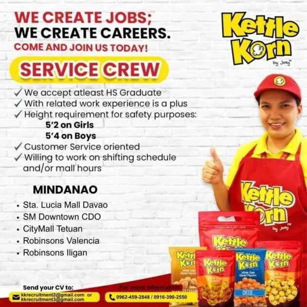 kettle korn job ad: smiling employee holds up thumb, job requirements and contact info over yellow background.