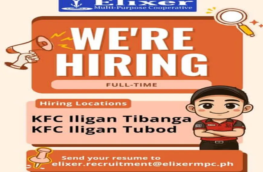 job hiring poster for full time kfc positions in iligan tibanga and tubod, with cartoon worker illustration.