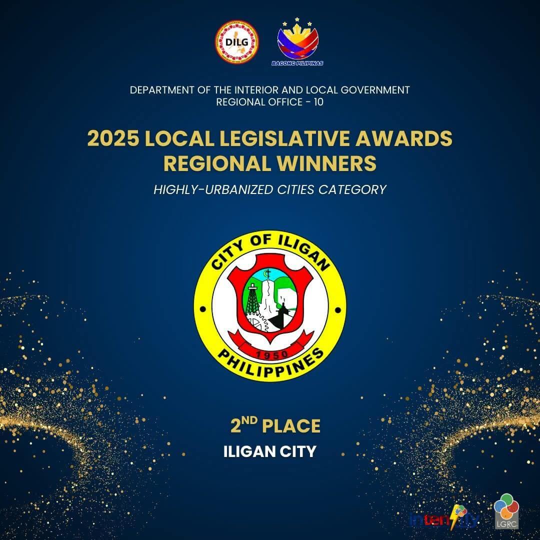 text graphic with government logos announcing iligan city as 2nd place in 2025 local legislative awards.