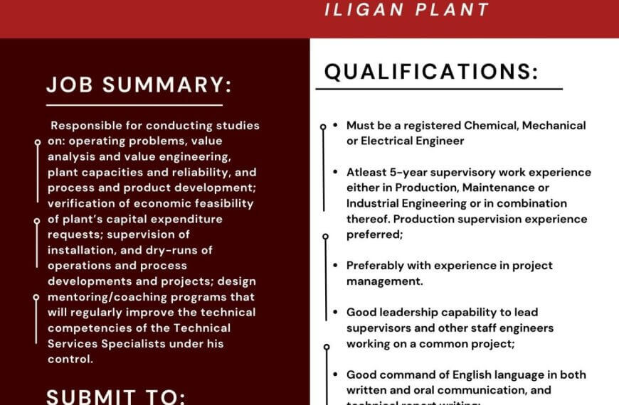 red and white hiring ad for technical development officer at mabuhay vinyl corporation, iligan plant.