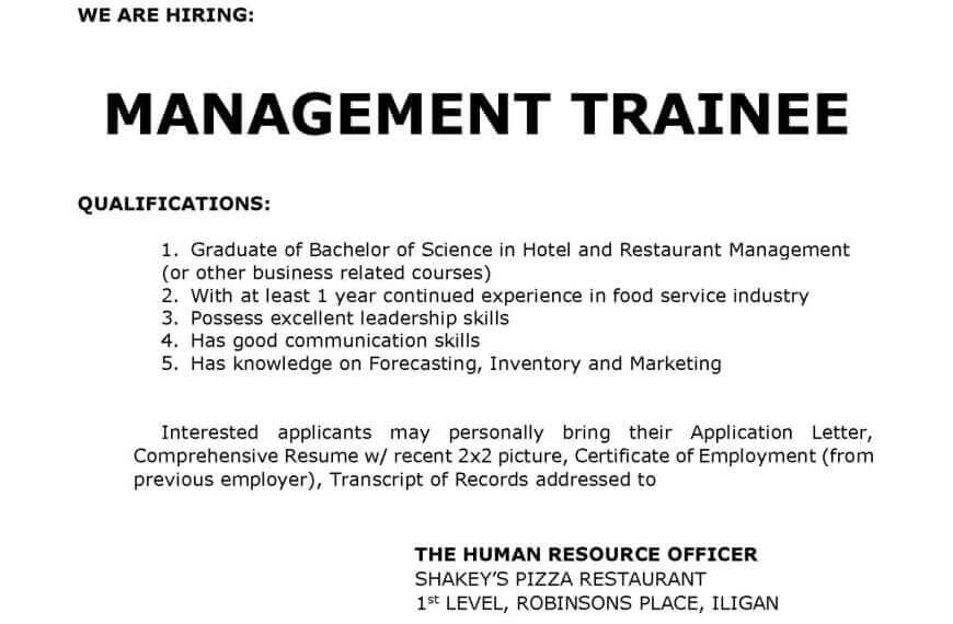 shakeys iligan job ad for management trainee, highlighting leadership positions and application steps in black text.