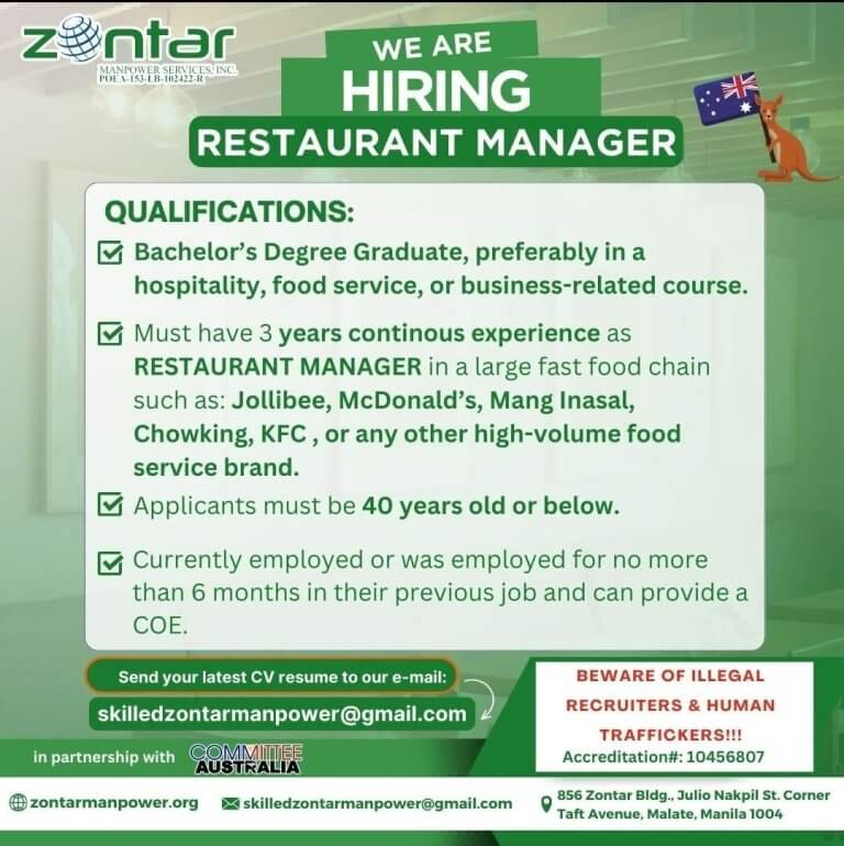 we are hiring: restaurant manager. lists qualifications and contact info. australia flag and warning about illegal recruiters.