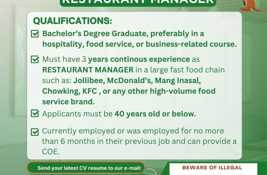 we are hiring: restaurant manager. lists qualifications and contact info. australia flag and warning about illegal recruiters.