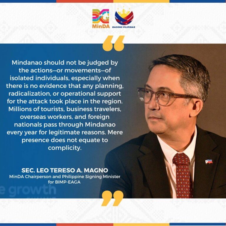 a man in a suit and glasses sits beside a quote about misleading reports on mindanao, with logos and his name displayed.