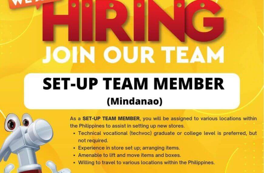 mr. d.i.y. hiring ad for set up team member in mindanao, with job details and application email address.