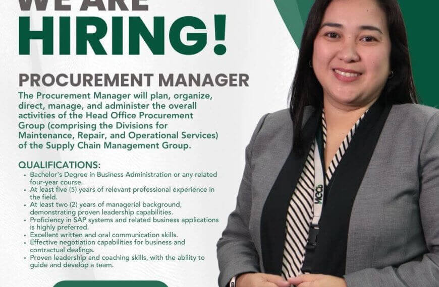 a woman in business attire stands beside a were hiring! procurement manager job ad for ngcp careers.