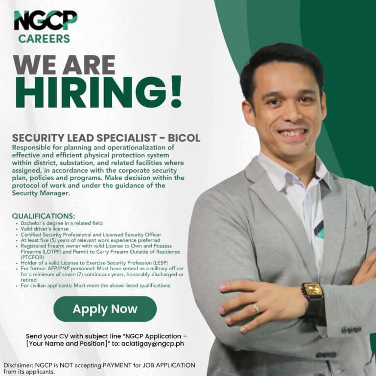 a smiling man in a suit points to a green apply now button on an ngcp security job hiring poster.