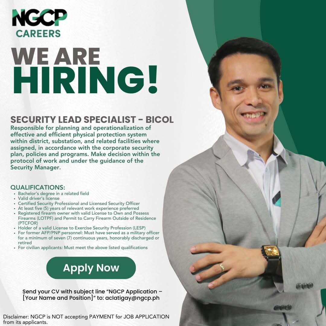 a smiling man in a suit points to a green apply now button on an ngcp security job hiring poster.