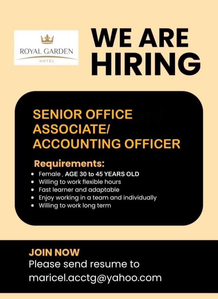 job hiring ad for royal garden hotel seeking senior office associate/accounting officer, with job requirements listed.