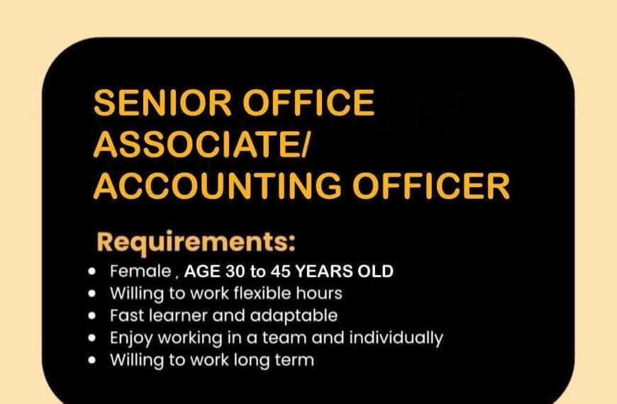 job hiring ad for royal garden hotel seeking senior office associate/accounting officer, with job requirements listed.