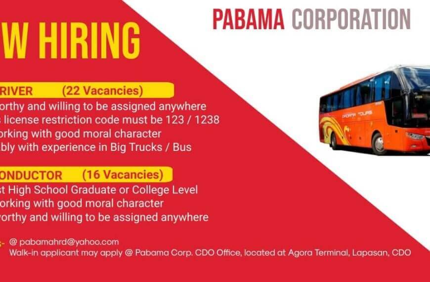 job hiring ad for pabama corporation with bus image; details for bus driver and conductor roles and contact info.