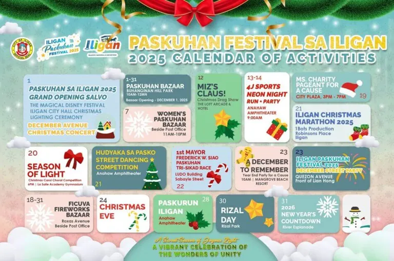 colorful calendar for iligan’s paskuhan 2025, featuring christmas events, dates, and festive icons.