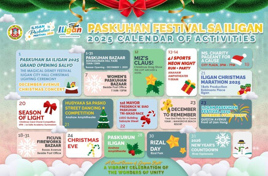 colorful calendar for iligan’s paskuhan 2025, featuring christmas events, dates, and festive icons.