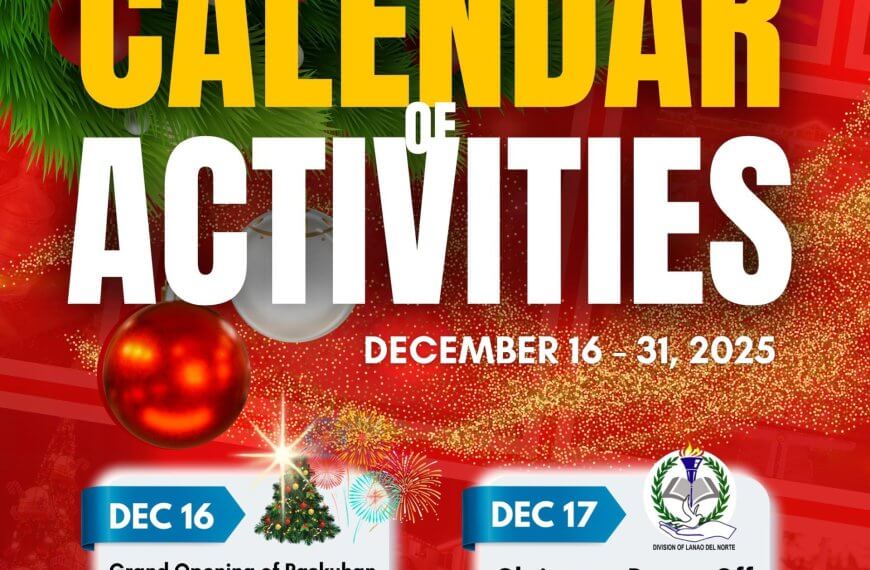 bright festive calendar image with christmas decor, listing 2025 paskuhan celebration and lanao del norte events.