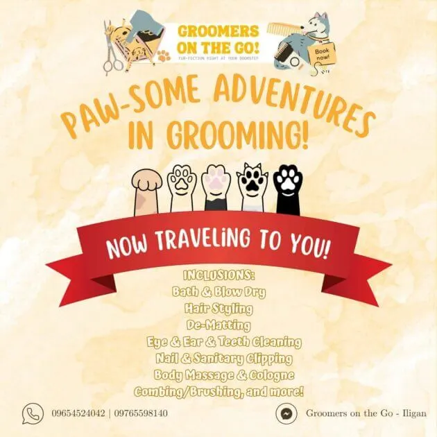 cartoon animal paws and a red banner with text about mobile pet grooming services and a list of inclusions.
