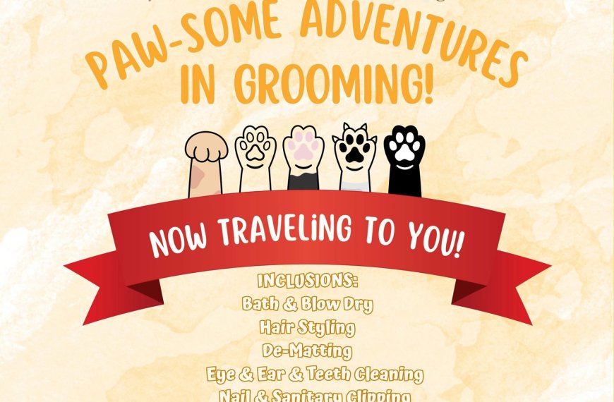 cartoon animal paws and a red banner with text about mobile pet grooming services and a list of inclusions.
