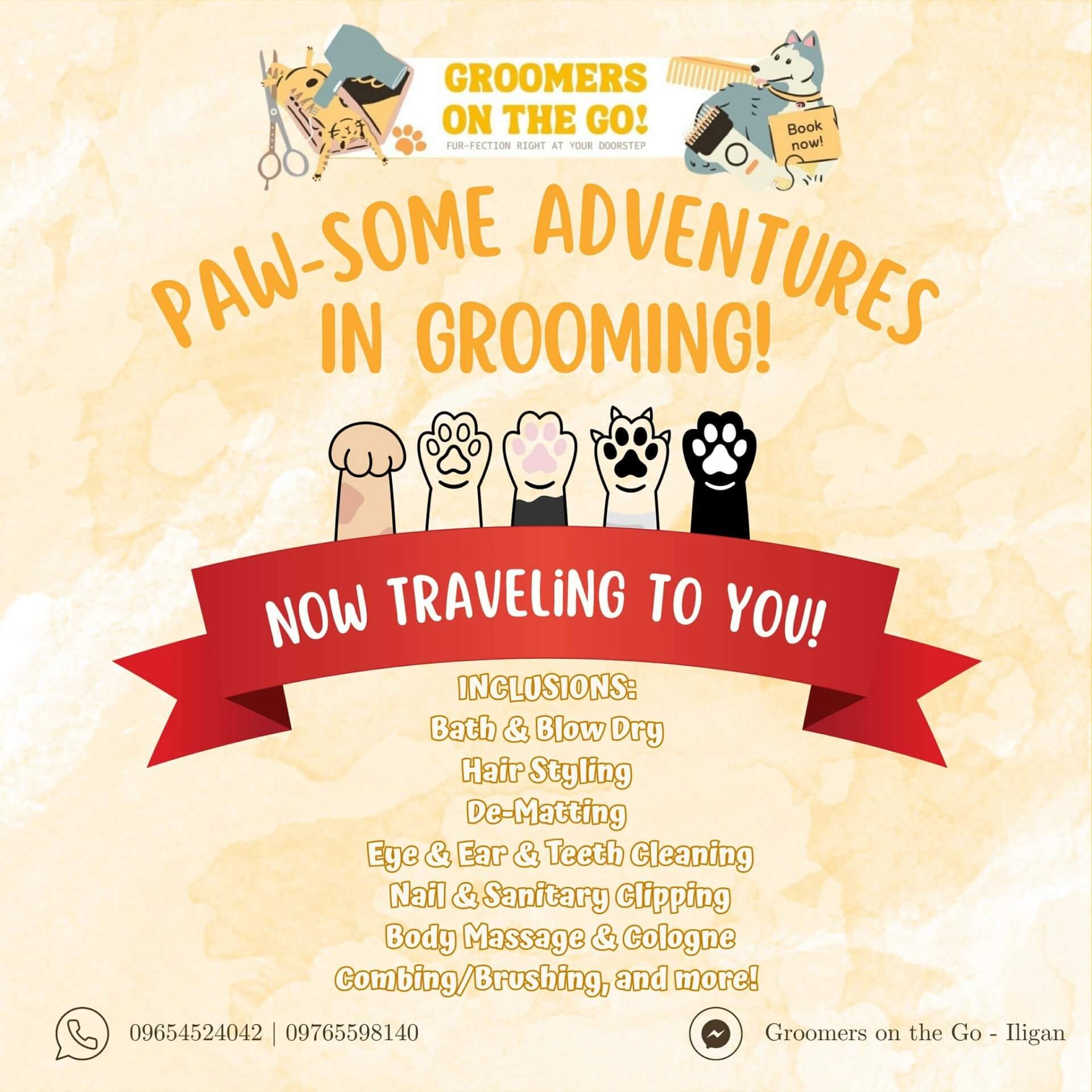 cartoon animal paws and a red banner with text about mobile pet grooming services and a list of inclusions.