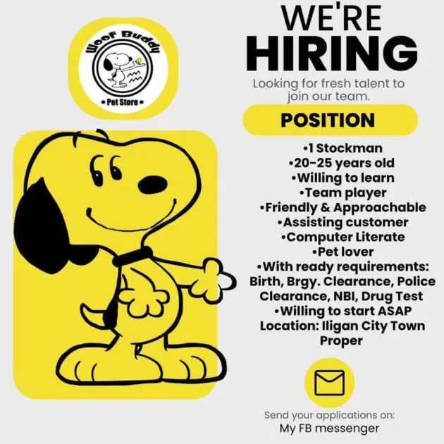 job hiring poster with snoopy cartoon, job details, and woof buddy pet store logo on a yellow background.