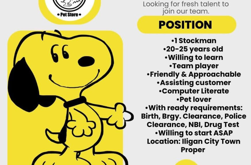 job hiring poster with snoopy cartoon, job details, and woof buddy pet store logo on a yellow background.