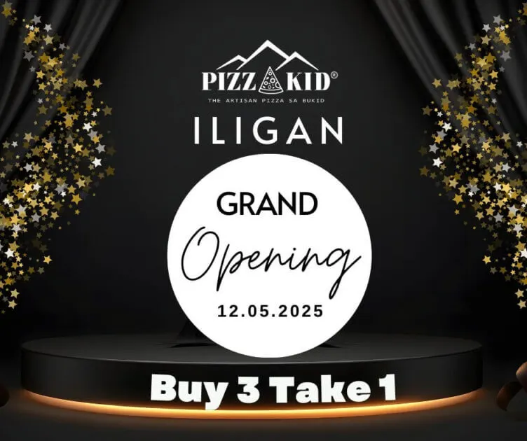 black and gold grand opening ad for pizza kid iligan with buy 3 take 1 promo and event date 12.05.2025.