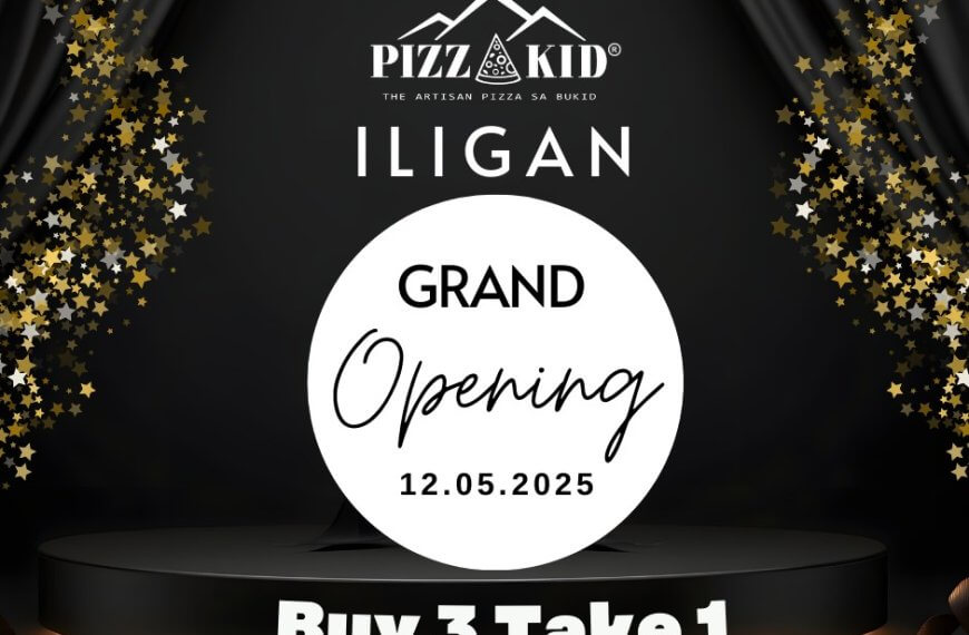 black and gold grand opening ad for pizza kid iligan with buy 3 take 1 promo and event date 12.05.2025.