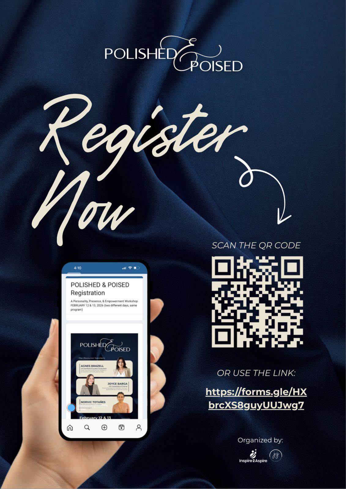hand holding phone with registration page for presence workshop, qr code, and register now on silky fabric.