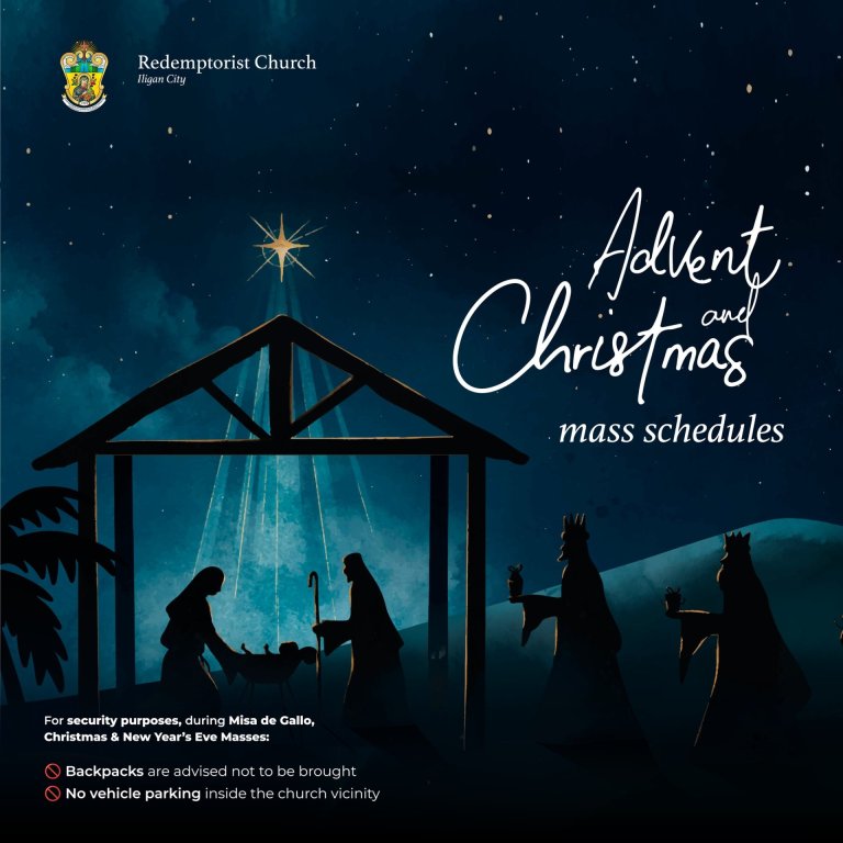 nativity scene with three wise men, star overhead, advent and christmas mass schedules text, night sky background.
