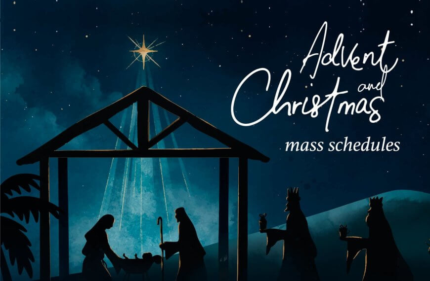 nativity scene with three wise men, star overhead, advent and christmas mass schedules text, night sky background.