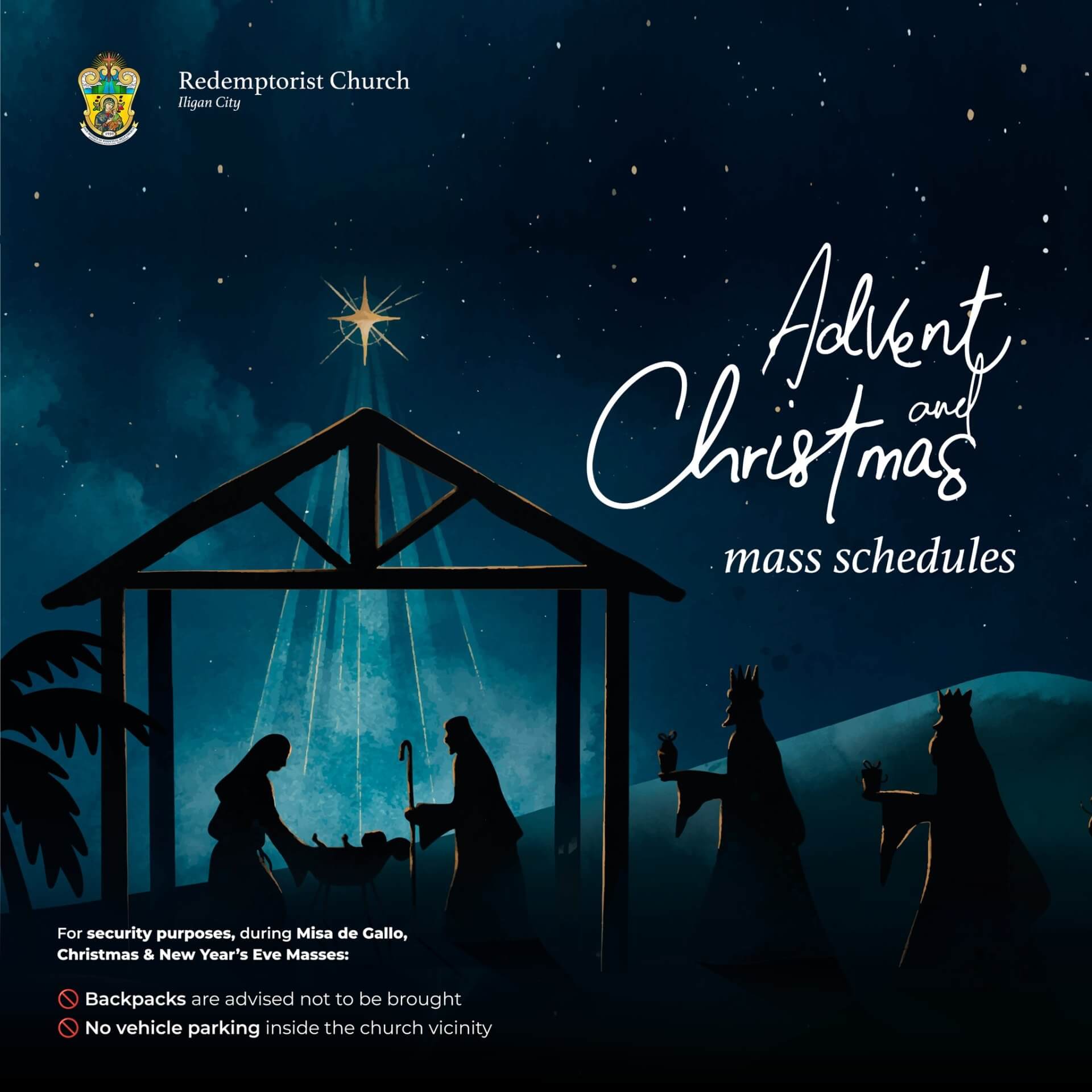 nativity scene with three wise men, star overhead, advent and christmas mass schedules text, night sky background.