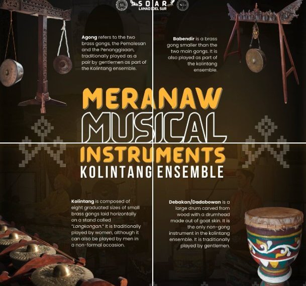 four meranaw brass musical instruments with descriptions are displayed on a black and gold decorative background.