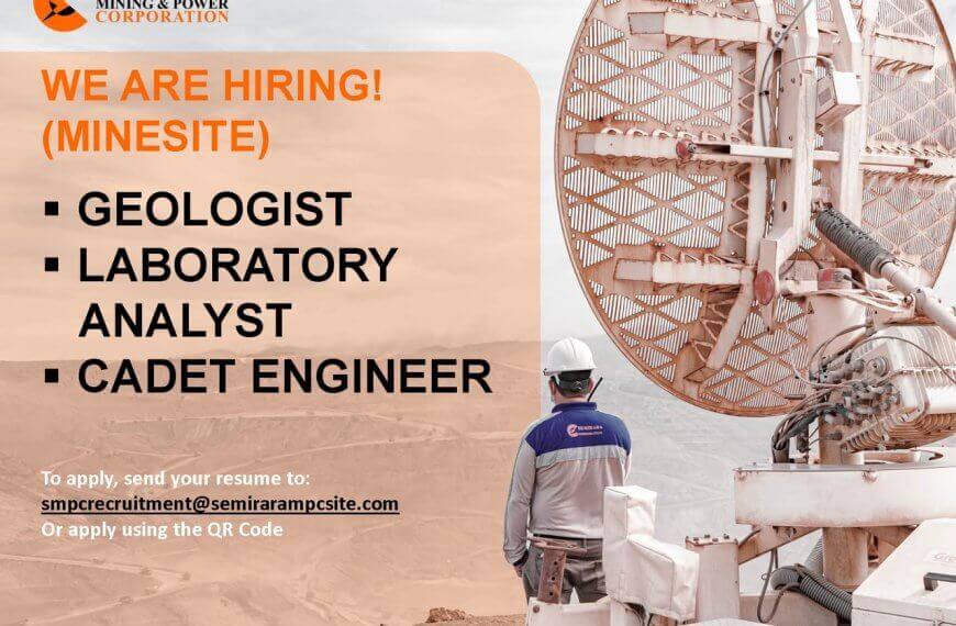 a mining engineer stands near equipment with job postings for geologist, laboratory analyst, and cadet engineer.