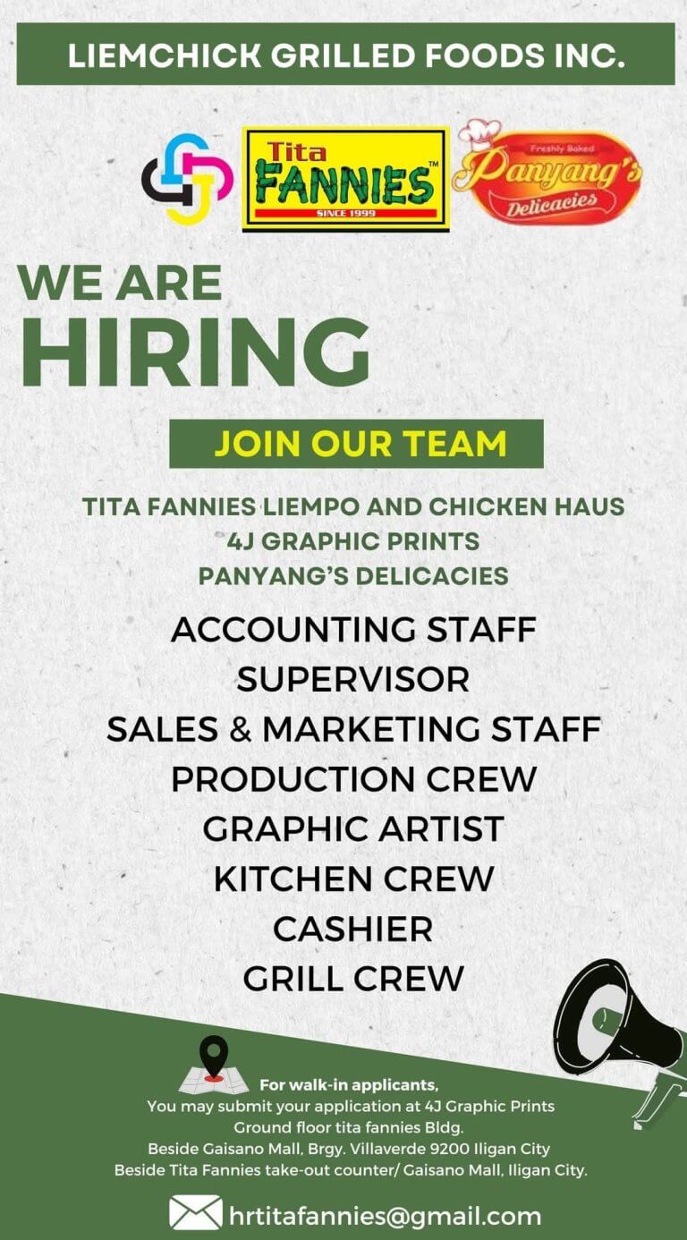 job hiring at tita fannies: accounting, cashier, grill crew & more iligan jobs. contact us now!.