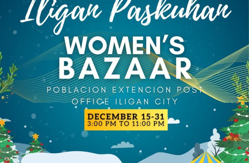 festive bazaar scene with people shopping, winter decor, tents, trees, and event information text above.