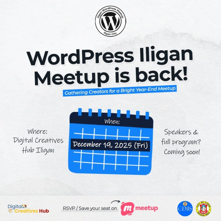 event poster: wordpress iligan meetup is back! on dec 19, 2025 at digital creatives hub iligan.