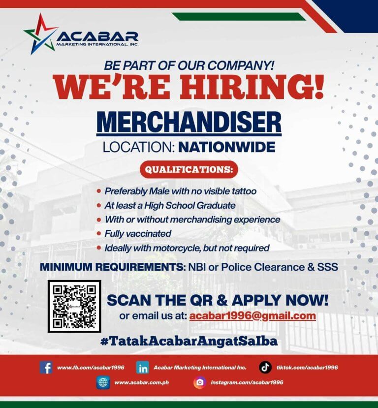 job hiring poster for acabar marketing roving merchandisers in lanao del norte; details on a blue and red background.