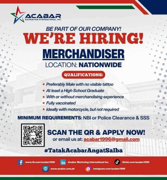 job hiring poster for acabar marketing roving merchandisers in lanao del norte; details on a blue and red background.
