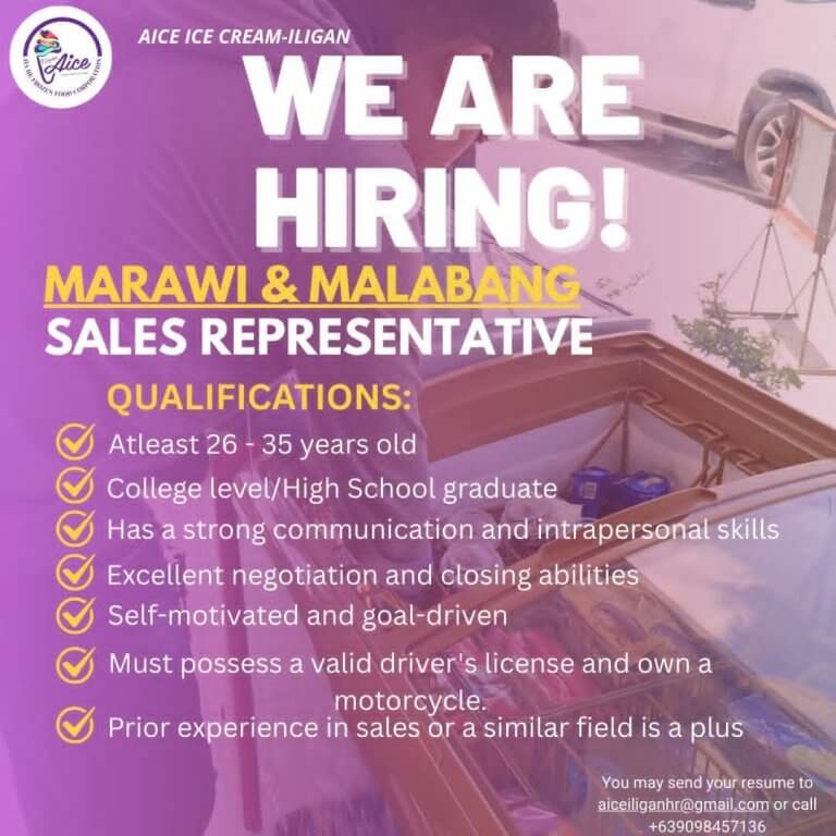 a job hiring poster for sales reps in marawi & malabang, listing qualifications with a contact email and phone.