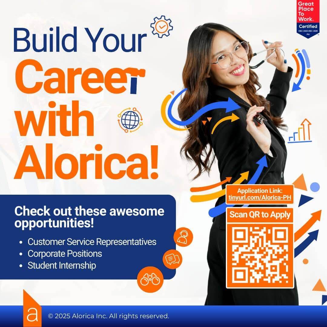 young professional woman holding glasses, smiling; build your career with alorica! text and qr code to apply.